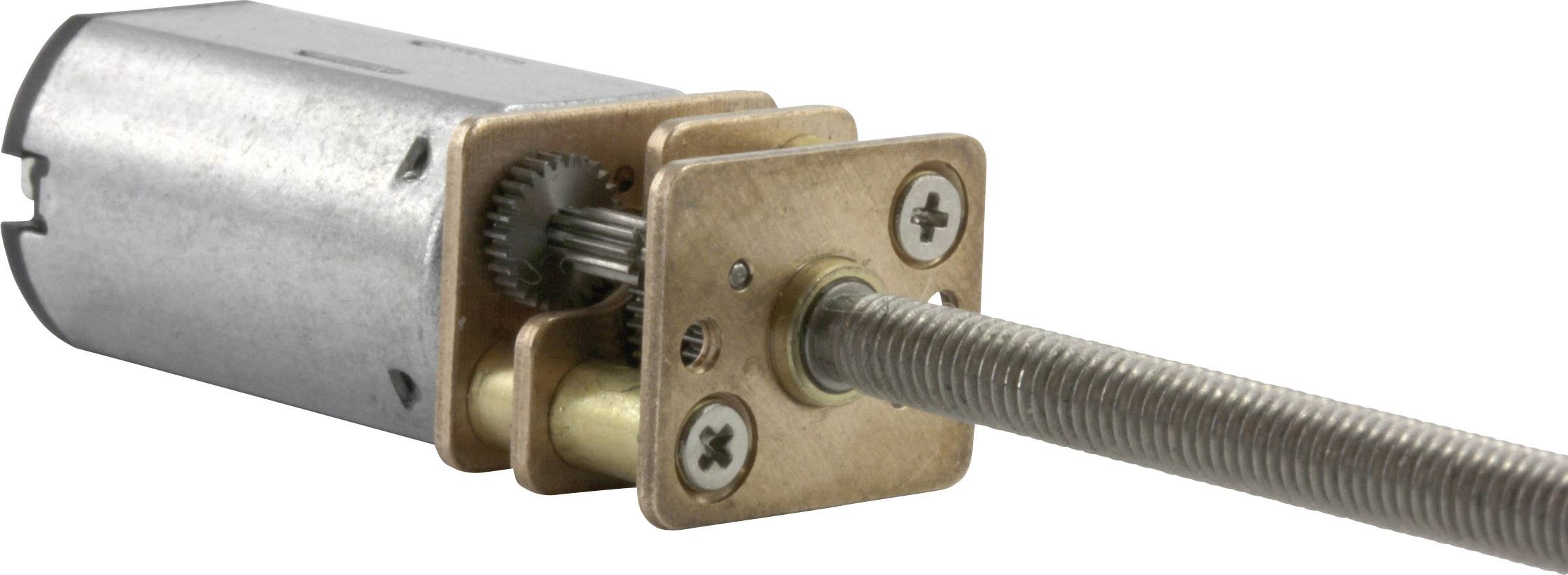 Detailní záběr malého elektromotoru s převodovkou na závitové tyči, který může být použit pro mechanické pohyby.