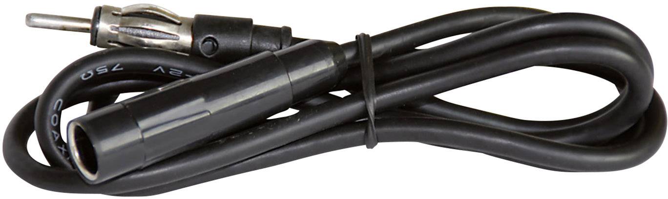 Černý audio kabel s kovovým konektorem a zásuvkou, stažený kabelovou sponou. Vhodný pro připojení autorádia.