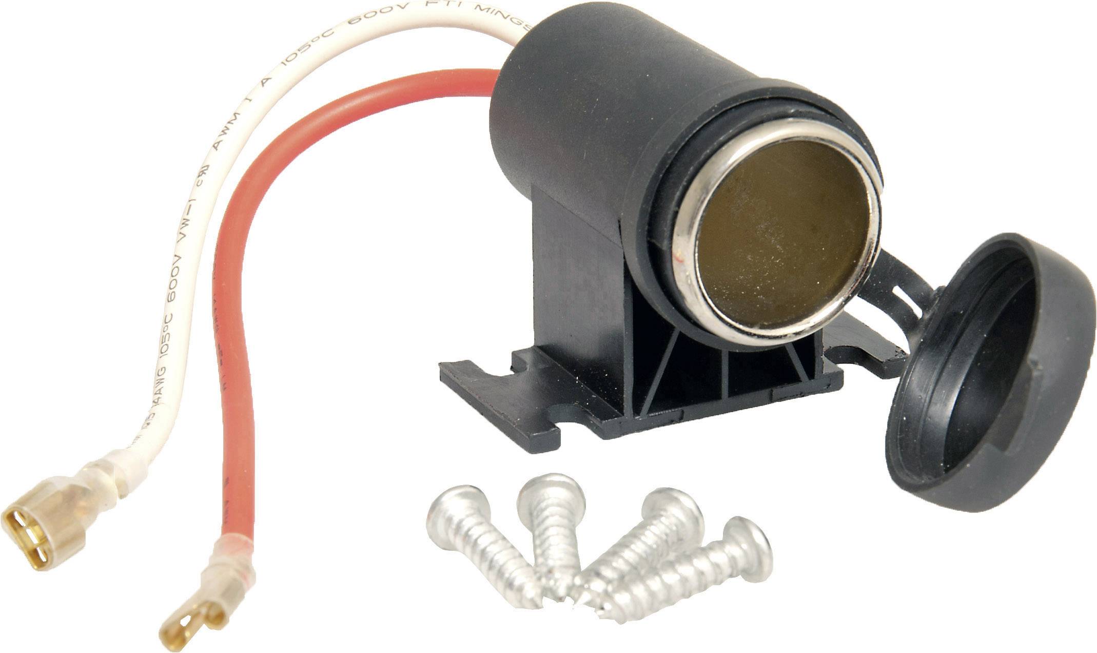 '12V elektrická zásuvka s krytem, černý držák a šest stříbrných šroubů.'