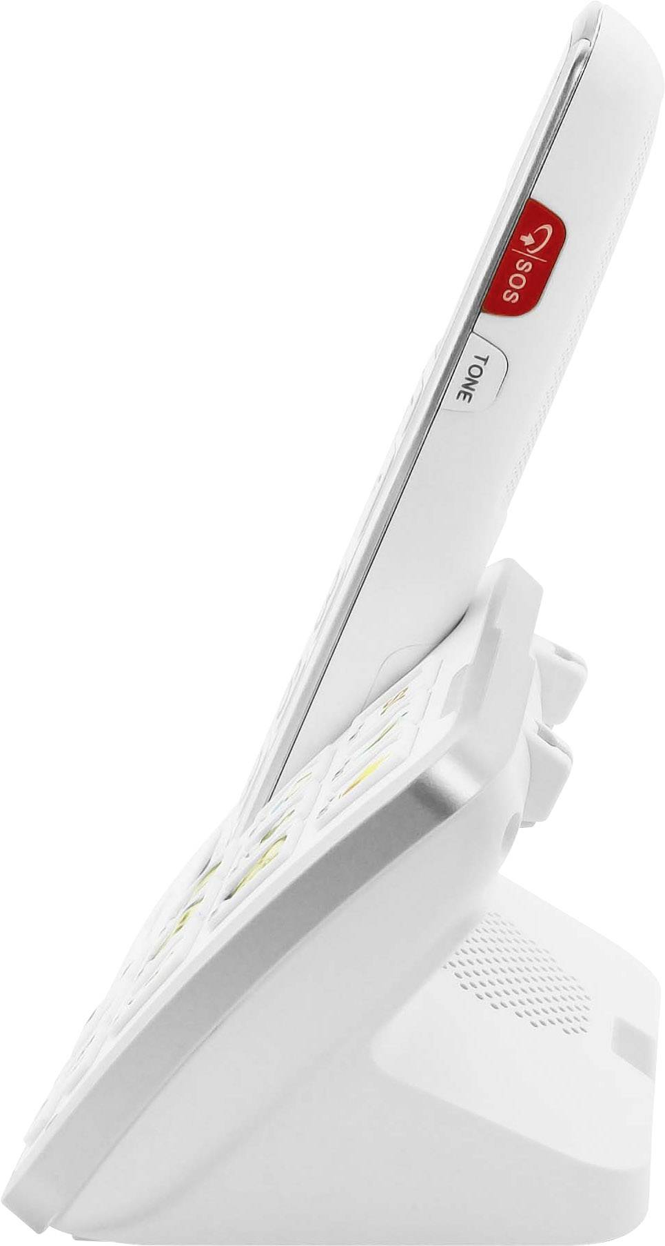 Bezdrátový telefon na nabíjecí stanici pohledem z boku. Nahoře se nachází červené tlačítko 'SOS' vedle tlačítka 'Tone'.