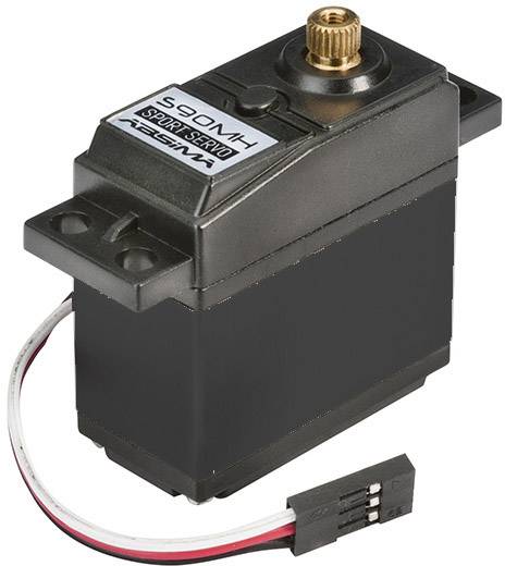 Černý servo-motorový modul s nápisem „S90MH Sport Servo" na štítku. Modul je vybaven kovovým převodovým ústrojím a připojovacími kabely.