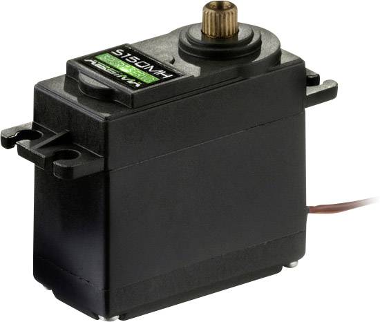 Černý servomotor s označením 'S1501M'. Má malé ozubené kolečko nahoře a boční upevňovací úchyty. Z boku vyčnívá kabel.