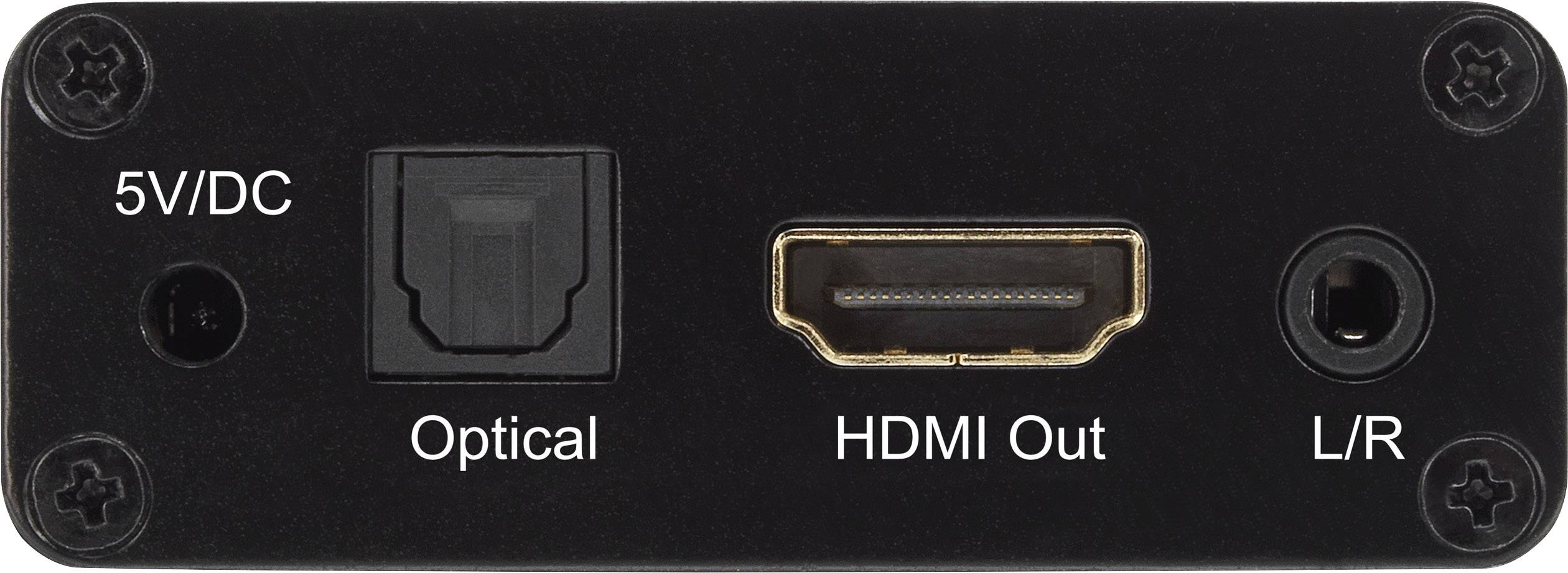 Zadní strana zařízení s přípojkami: '5V/DC', 'Optický', 'HDMI výstup', 'L/R'.