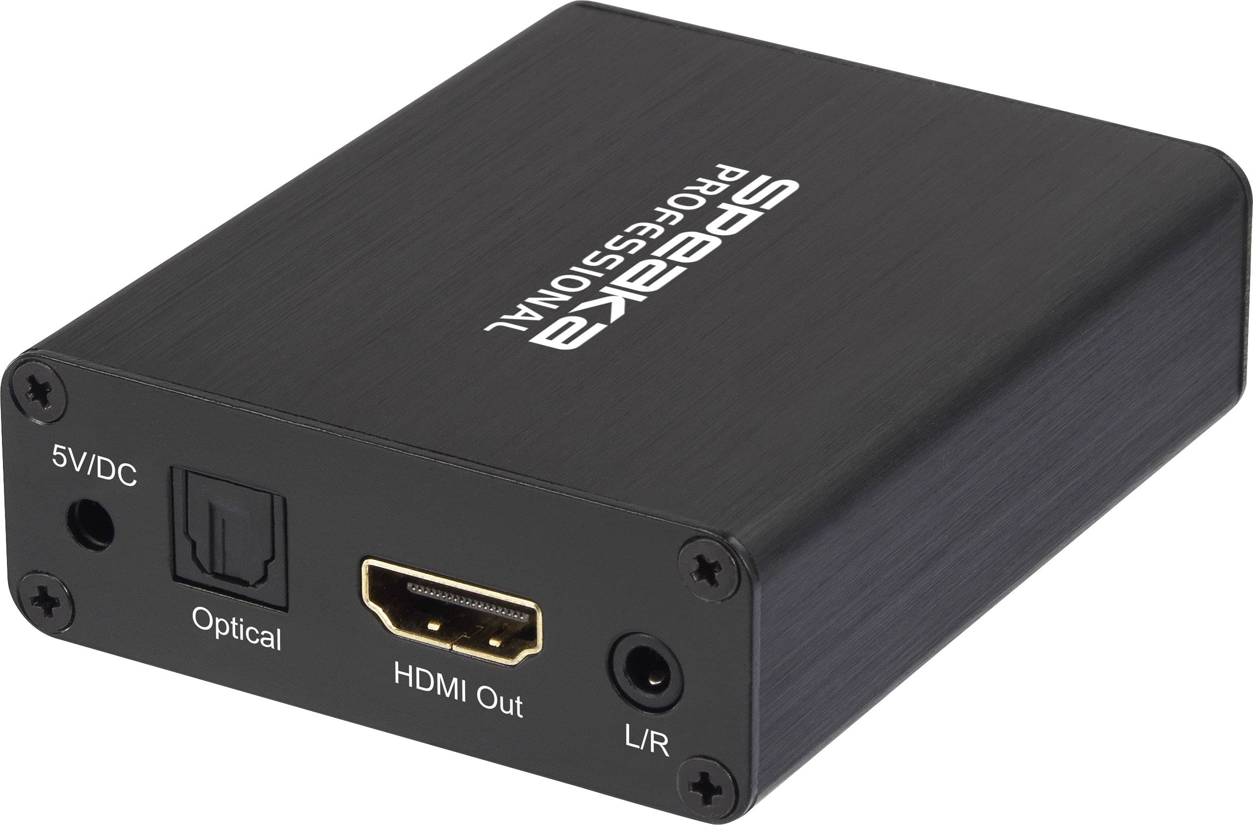 Černý konvertor s přípojkami pro optický audio vstup, HDMI výstup a L/R výstup. Označení 'SPH20A Professional'.
