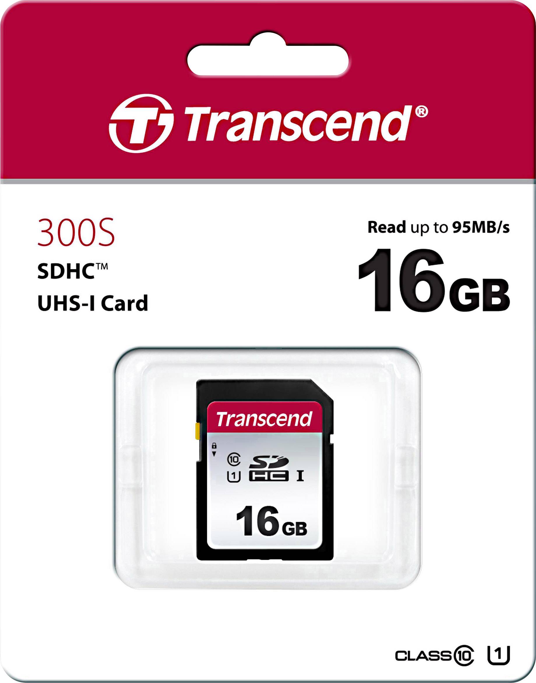 Transcend SDHC paměťová karta 300S, 16GB, UHS-I, třída 10, s rychlostí přenosu až 95 MB/s znázorněnou na obalu.