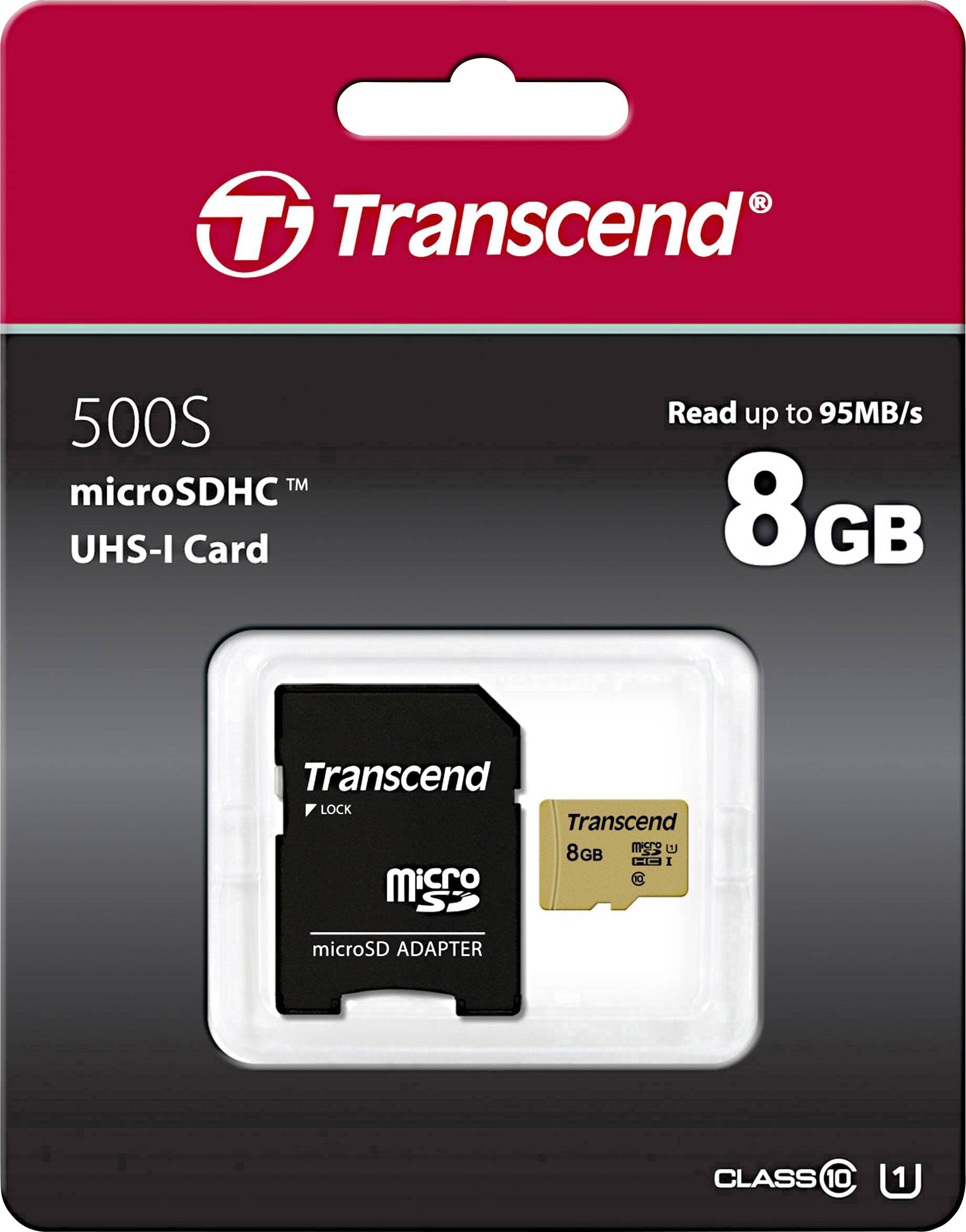 Transcend 8GB microSDHC karta v balení, s adaptérem. Vhodná pro zařízení kompatibilní s UHS-I, rychlost čtení až 95 MB/s.