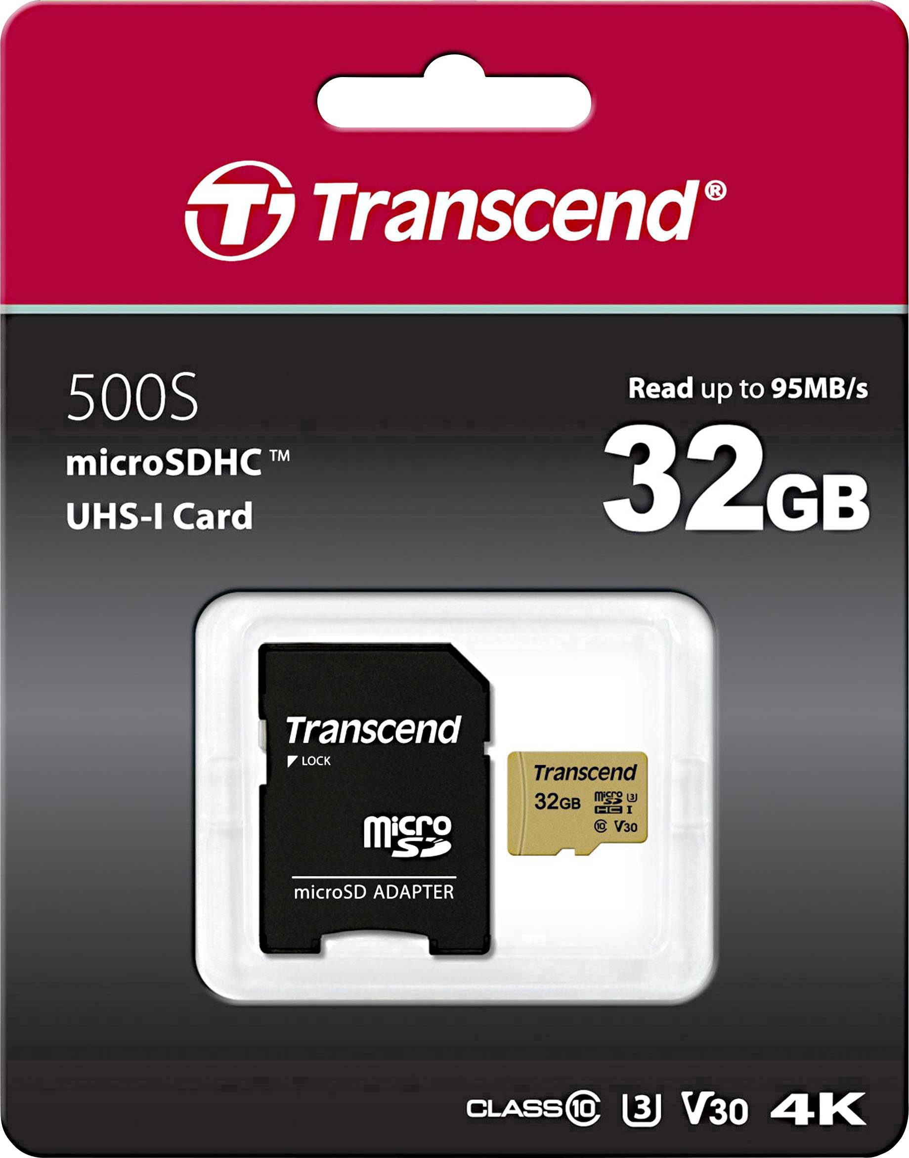 Transcend 32GB mikroSDHC karta, série 500S, třída 10, UHS-I, rychlost čtení 95 MB/s, V30, vhodná pro 4K videonahrávky.