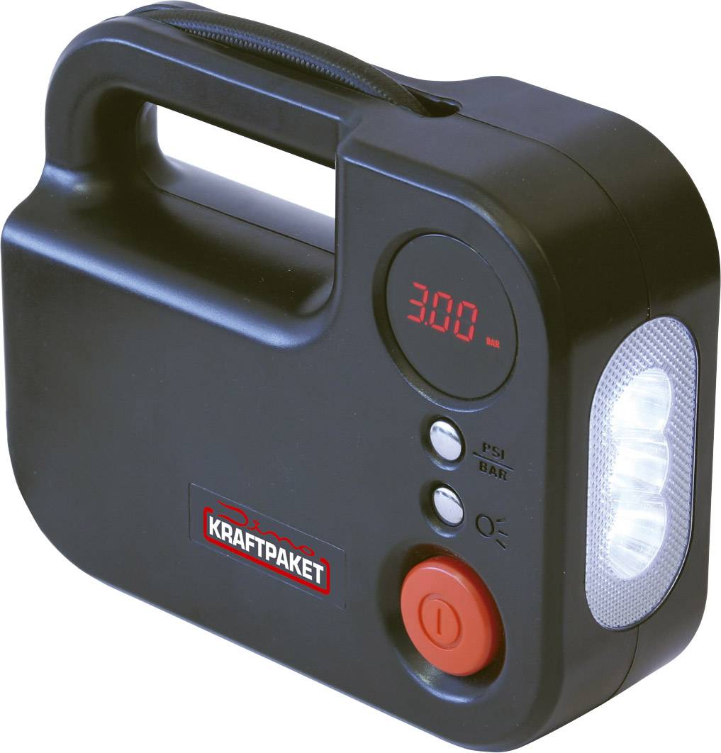 Přenosná černá vzduchová pumpa s LED displejem ukazuje '3.00'. Má velké červené tlačítko a dvě menší tlačítka nad ním. Vlevo je rukojeť.