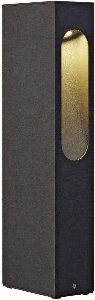 Vysoké venkovní svítidlo obdélníkového tvaru v černé barvě s oválným oknem vyzařujícím teplé světlo.