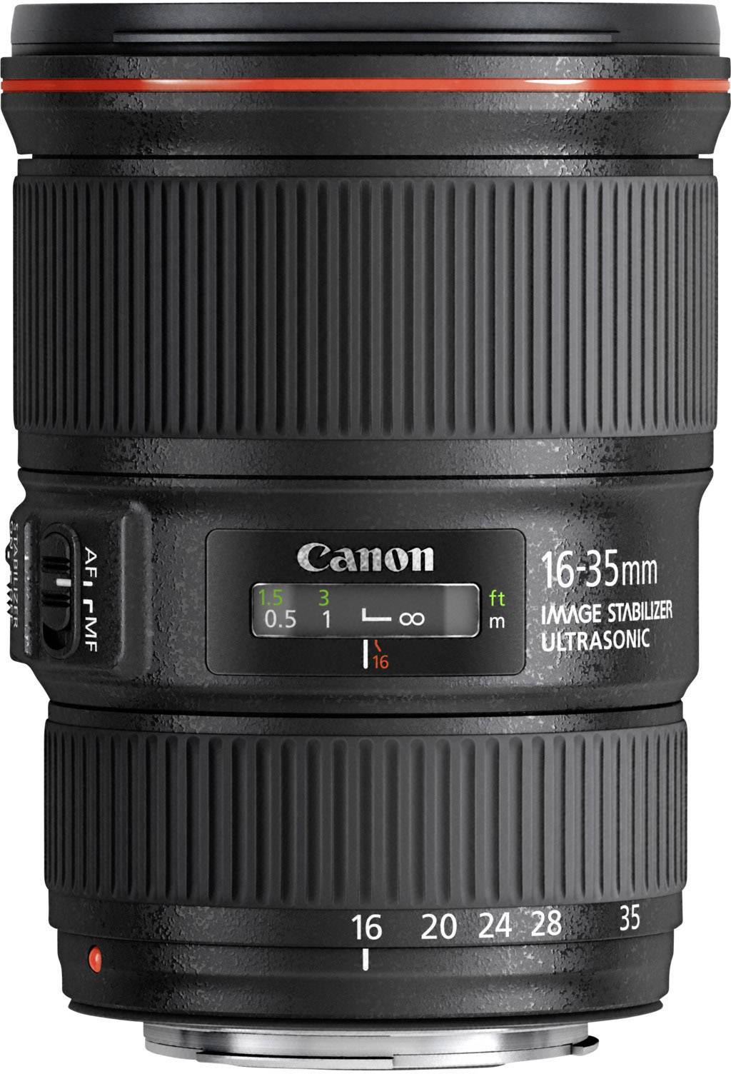 Černý Canon objektiv s červeným prstencem a nastavením ostření, model '16-35mm'.