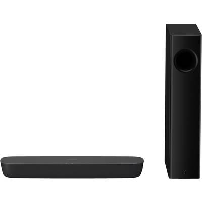 Černý reproduktorový systém s plochou soundbar a vertikálním subwooferem.