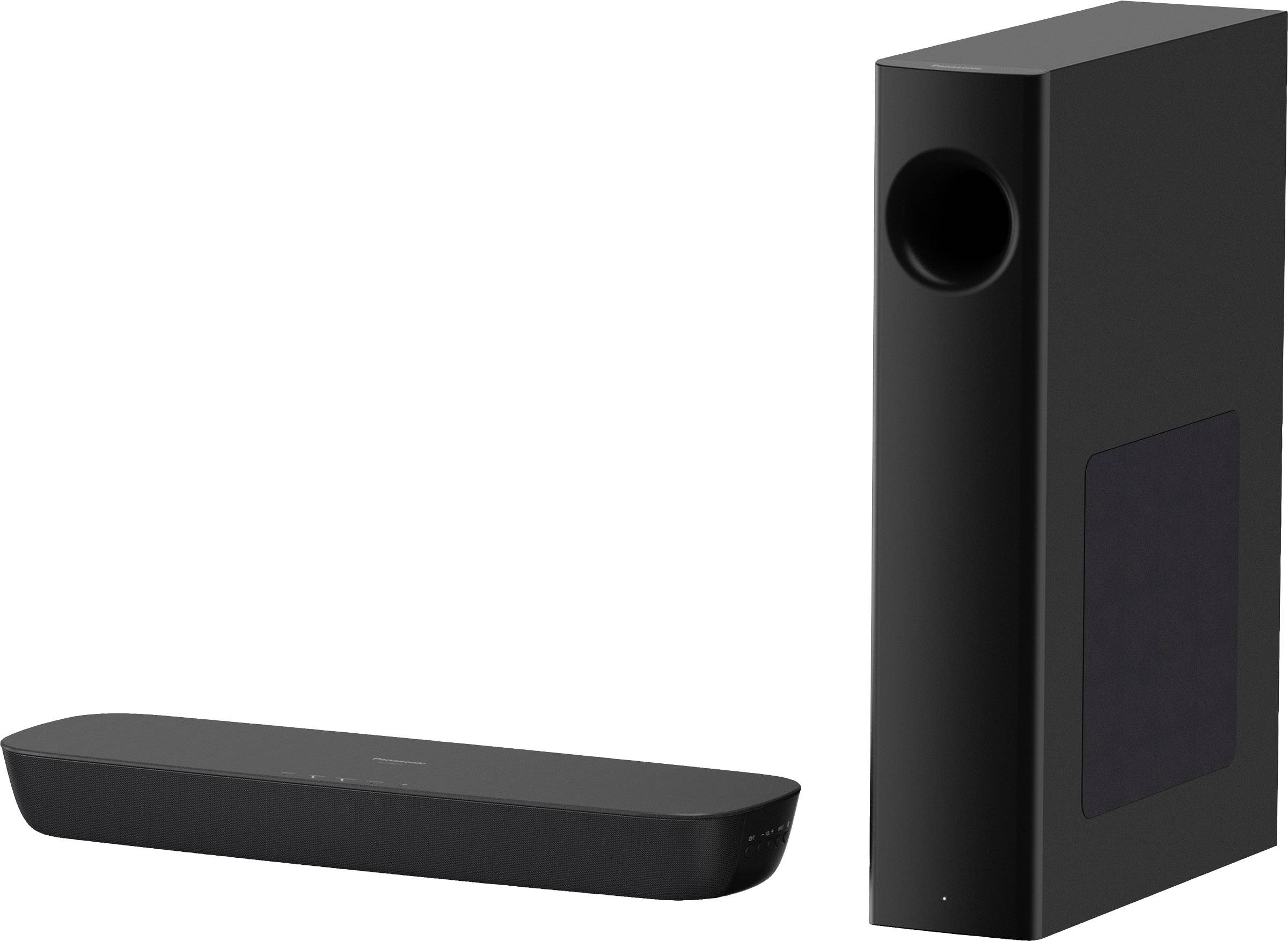 Černý soundbar s příslušným subwooferem. Zařízení jsou moderně navržená a stojí vedle sebe.