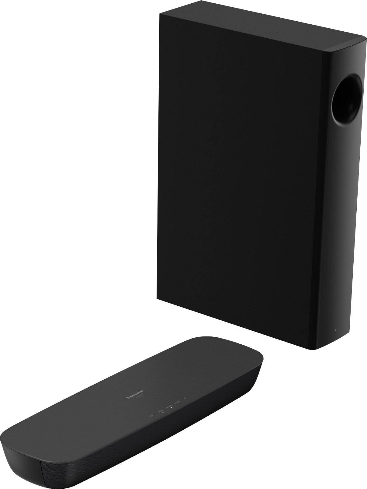 Černý reproduktorový a subwooferový set. Reproduktor je obdélníkový a subwoofer velký a štíhlý. Oba jsou umístěny vedle sebe.