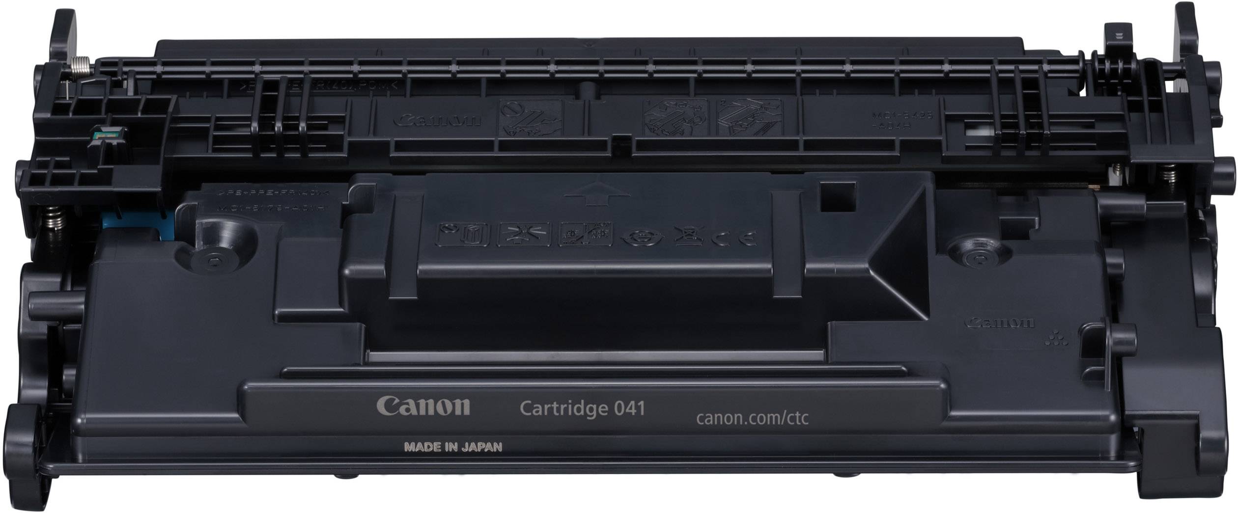 Černá tisková cartridge Canon 041 z plastu leží na bílém povrchu.