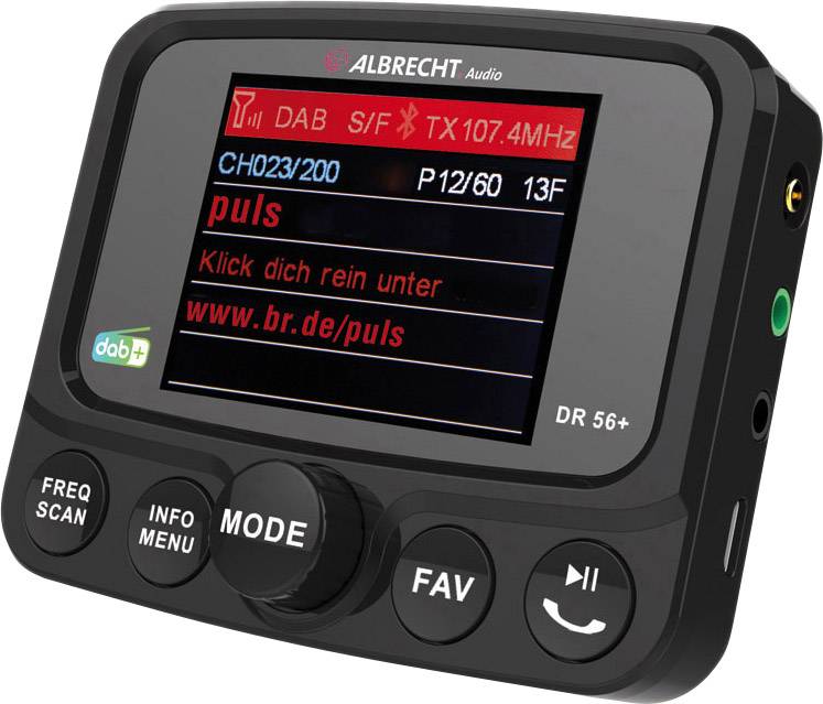 Přenosné rádio DAB+ v černé barvě s digitálním displejem. Zobrazuje 'puls' na 107,4 MHz. Ovládací tlačítka pro режим, oblíbené stanice a vyhledávání frekvencí.