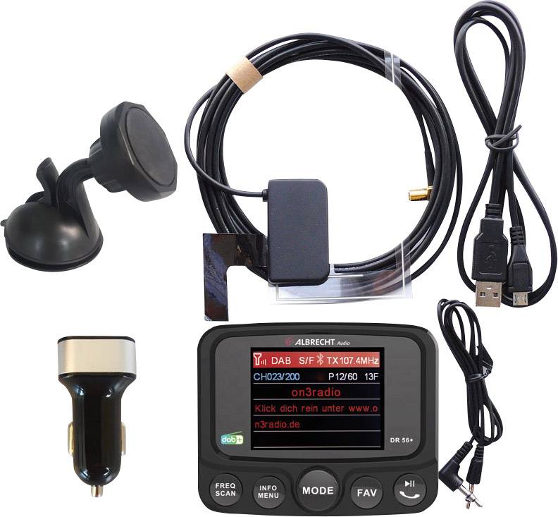 Digitální rádio s displejem. Obsahuje anténu, USB kabel a autonabíječku. Ideální pro příjem DAB+ v automobilu.