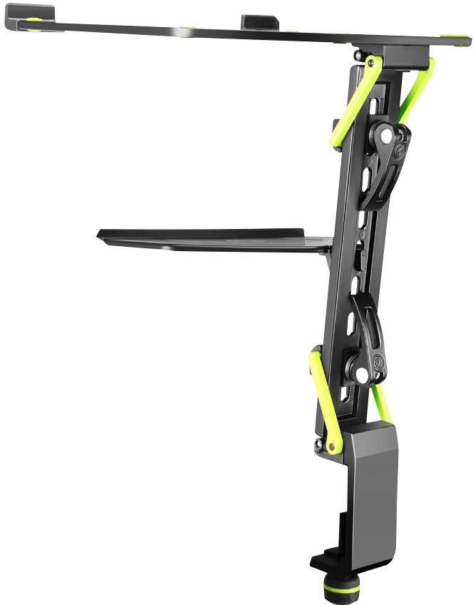 Ergonomický lapdesk s úhlovou, nastavitelnou kovovou strukturou a zelenými akcetními prvky. Ideální pro pohodlnou práci vsedě.