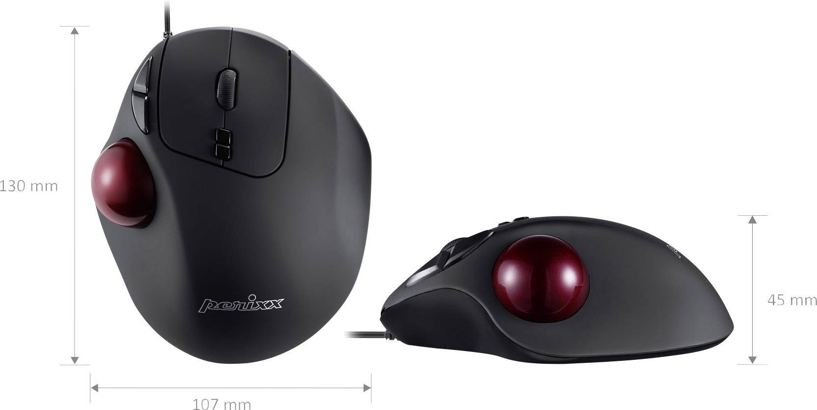 Černý kabelový trackball s červeným míčkem a myšími tlačítky. Rozměry: 130 mm x 107 mm x 45 mm. Název značky na povrchu.