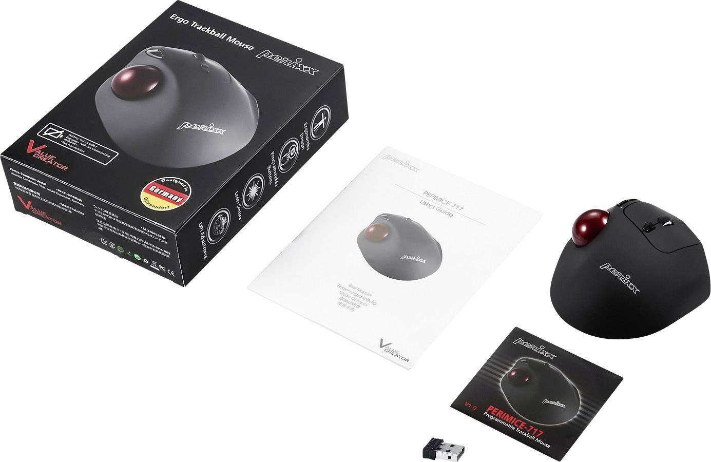 Ergonomická trackballová myš s obalem, návodem, USB přijímačem a reklamními materiály. Myš má červený trackball.