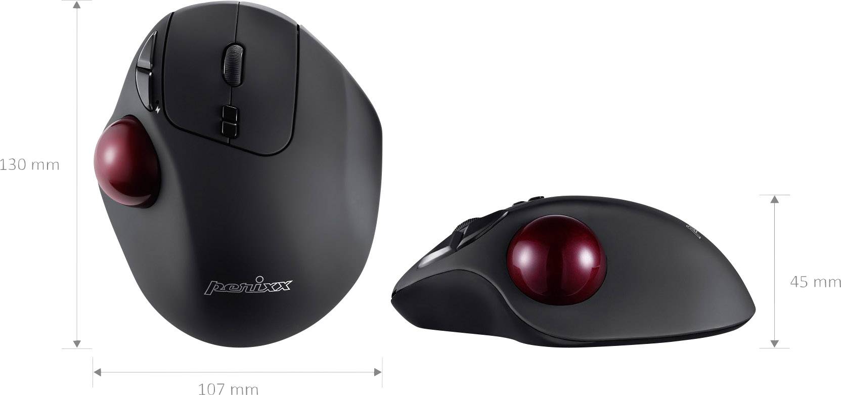 Dva pohledy na ergonomickou černou trackball myš s červeným trackballem. Rozměry: 130 mm dlouhá, 107 mm široká, 45 mm vysoká.