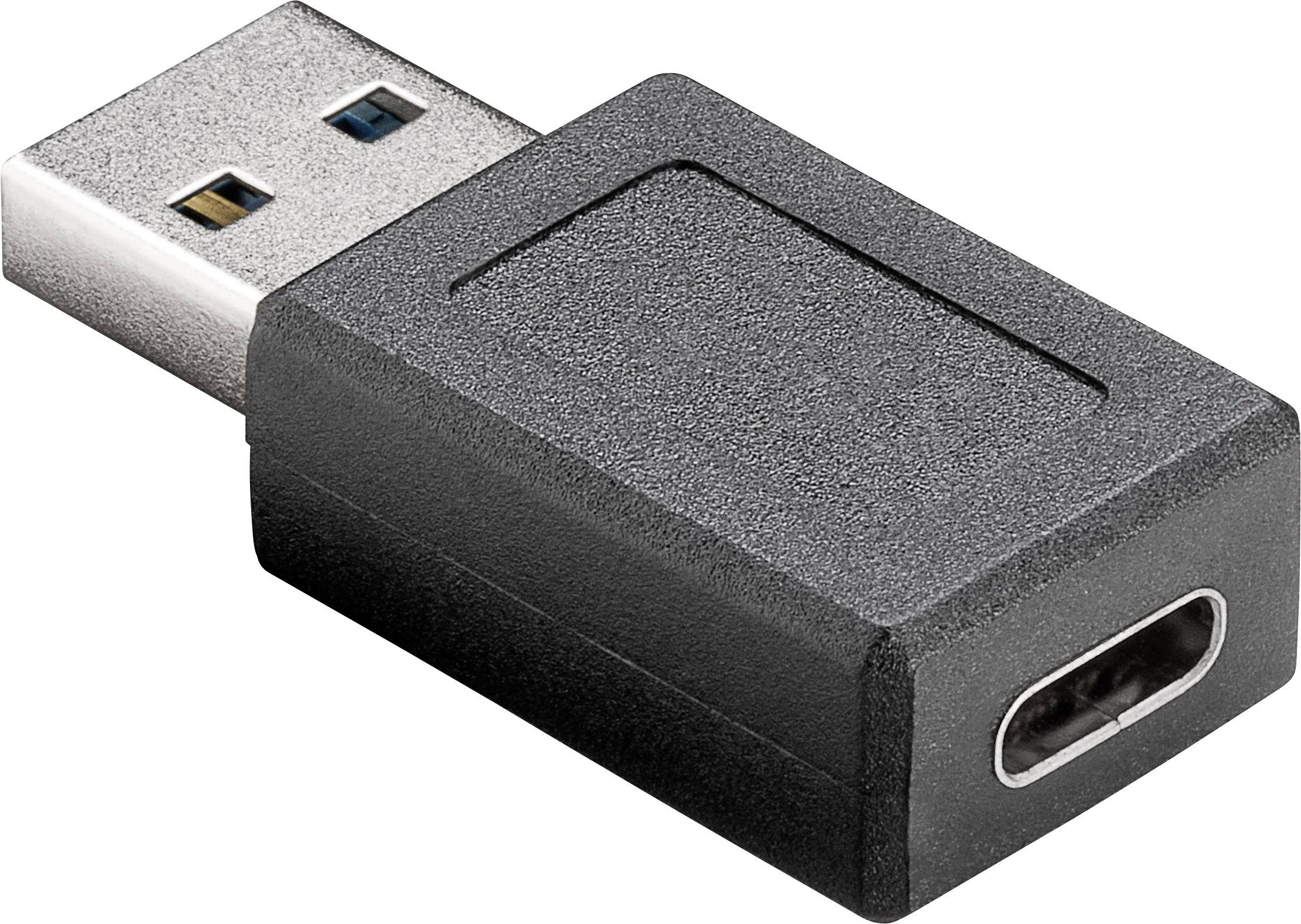 Černý USB-C na USB-A adaptér, který slouží k propojení různých zařízení s odlišnými konektory.