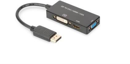 Adaptér s konektorem DisplayPort, vybavený HDMI, DVI a VGA zdířkami. Umožňuje připojení různých monitorů.