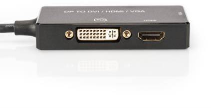 Adaptér s přípojkami: DVI, HDMI a VGA, označený 'DP TO DVI/HDMI/VGA'.