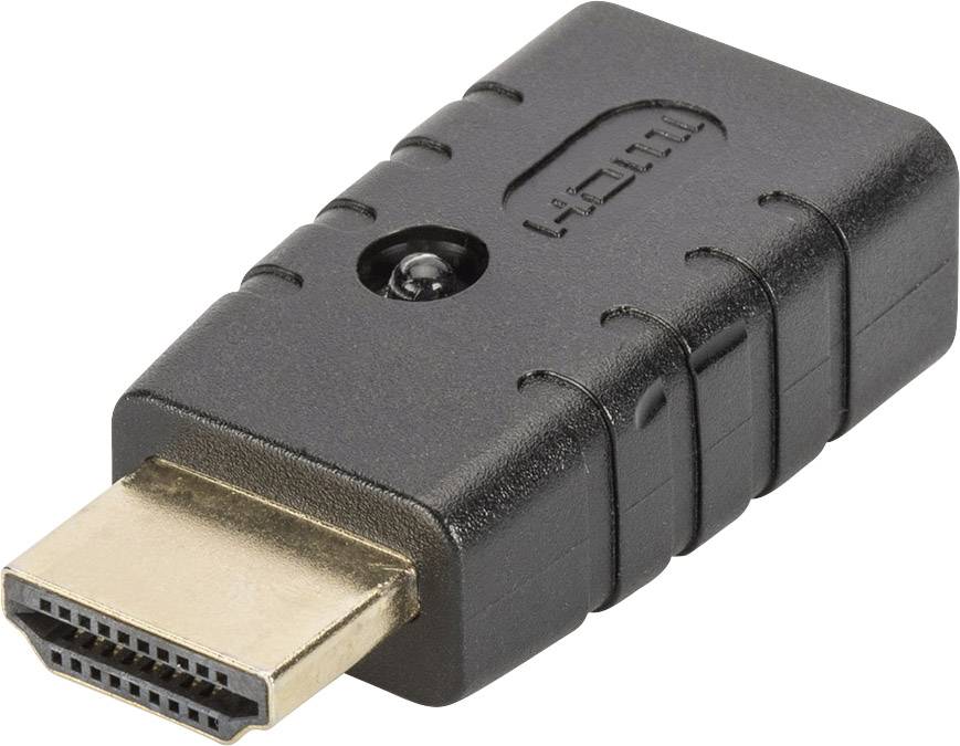 Černý konektor HDMI, fotografovaný z bočního pohledu v perspektivě, ukazuje kovový kontaktní povrch a konec kabelu.