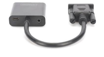 HDMI na VGA adaptér s audio konektorem, kompaktní provedení s krátkým kabelem, vhodný pro přenos videa a audia.