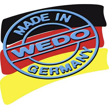 Logo s nápisem 'Made in Germany' a 'Wedo', překryté černou, červenou a zlatou barvou německé vlajky.