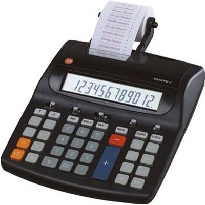 Elektronický stolní kalkulátor s tiskovou funkcí, zobrazuje číselnou řadu 1 až 12 na displeji, vložená papírová role, černé klávesy.