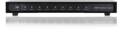 Černý HDMI rozbočovač s osmi výstupy, který se hodí pro současné připojení jednoho zařízení k několika obrazovkám.