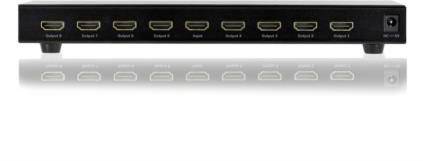 Černý HDMI rozbočovač s osmi HDMI výstupy a jedním HDMI vstupem, ideální pro současné zobrazení na několika obrazovkách.
