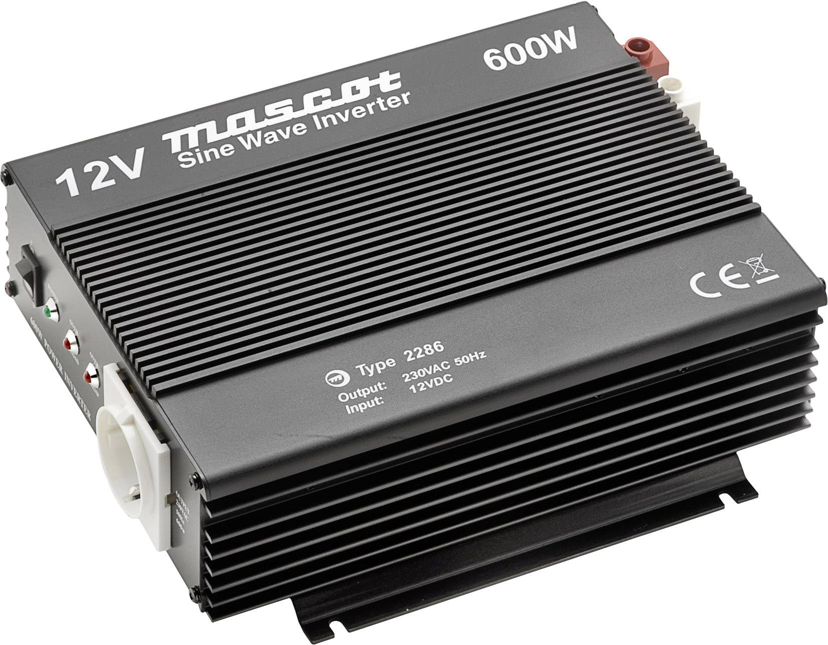 '12V sinusový měnič, 600W výkon, Vstup: 12VDC, Výstup: 120VAC 50Hz. Černé zařízení s chladicími žebry a připojovacími porty.'
