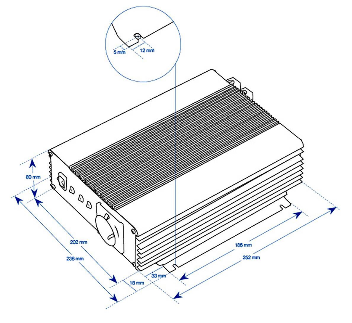 Technický výkres obdélníkového zařízení s rozměry: 262 mm x 160 mm x 69 mm. Vložený detail ukazuje rozměr 5 mm x 12 mm.