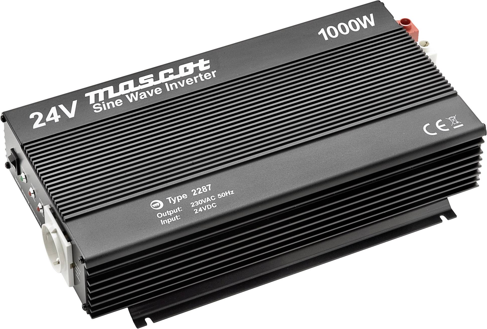 'Černěný 24V sinusový měnič s výkonem 1000W. Text: Mascot. Typ modelu 2287, Vstup: 230VAC 50Hz, Výstup: 24VDC.'