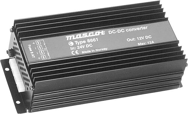 Měnič stejnosměrného napětí 'Mascot' typ 8661, vstup: 24V DC, výstup: 12V DC, maximální proud: 12A, vyrobeno v Norsku.