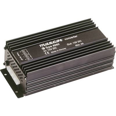 Černé kovové zařízení s nápisem 'converter', 'Type 8660', '12V DC' a 'Max 8A'. Vyrobeno v Norsku.