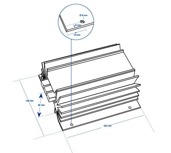 Technický výkres chladiče: rozměry 120 mm x 105 mm x 40 mm. Detailní pohled ukazuje 4 mm otvor ve vzdálenosti 15 mm.