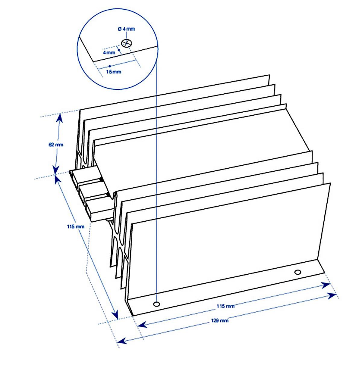 Technický výkres chladiče s několika žebry. Rozměry: 115 mm x 129 mm x 62 mm. Detail zobrazuje otvor o průměru 4 mm.