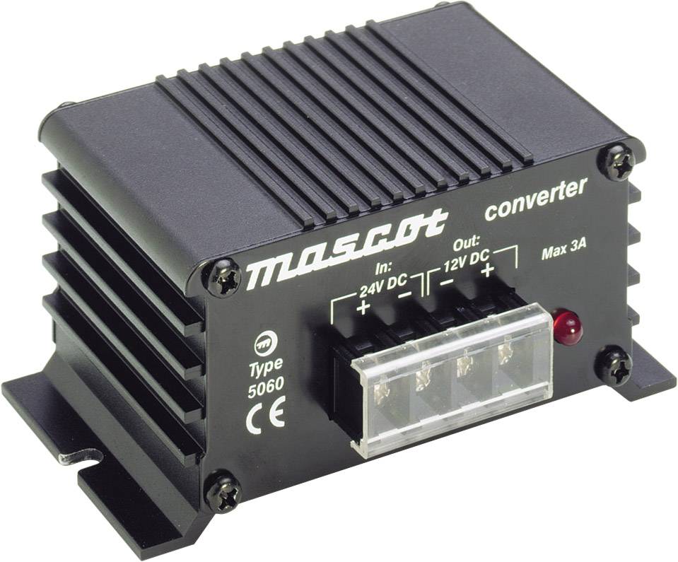 Černý měnič proudu značky 'Mascot', typ 5060. Vstupy: 24V DC, výstupy: 12V DC. Maximální proudové zatížení: 3A.