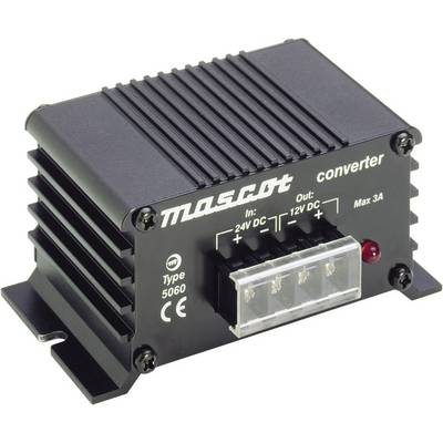 Černý měnič proudu značky 'Mascot', typ 5060. Vstupy: 24V DC, výstupy: 12V DC. Maximální proudové zatížení: 3A.