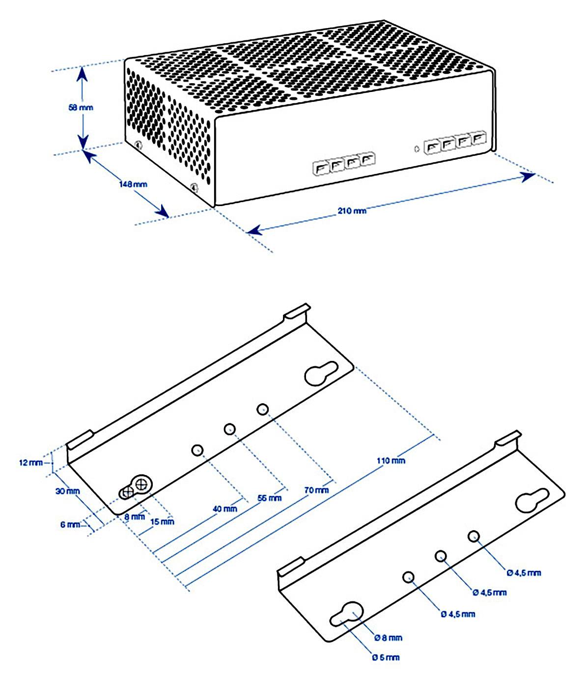Blokový diagram znázorňuje rozměry obdélníkového zařízení a montážní konzole s podrobnými rozměry v milimetrech.
