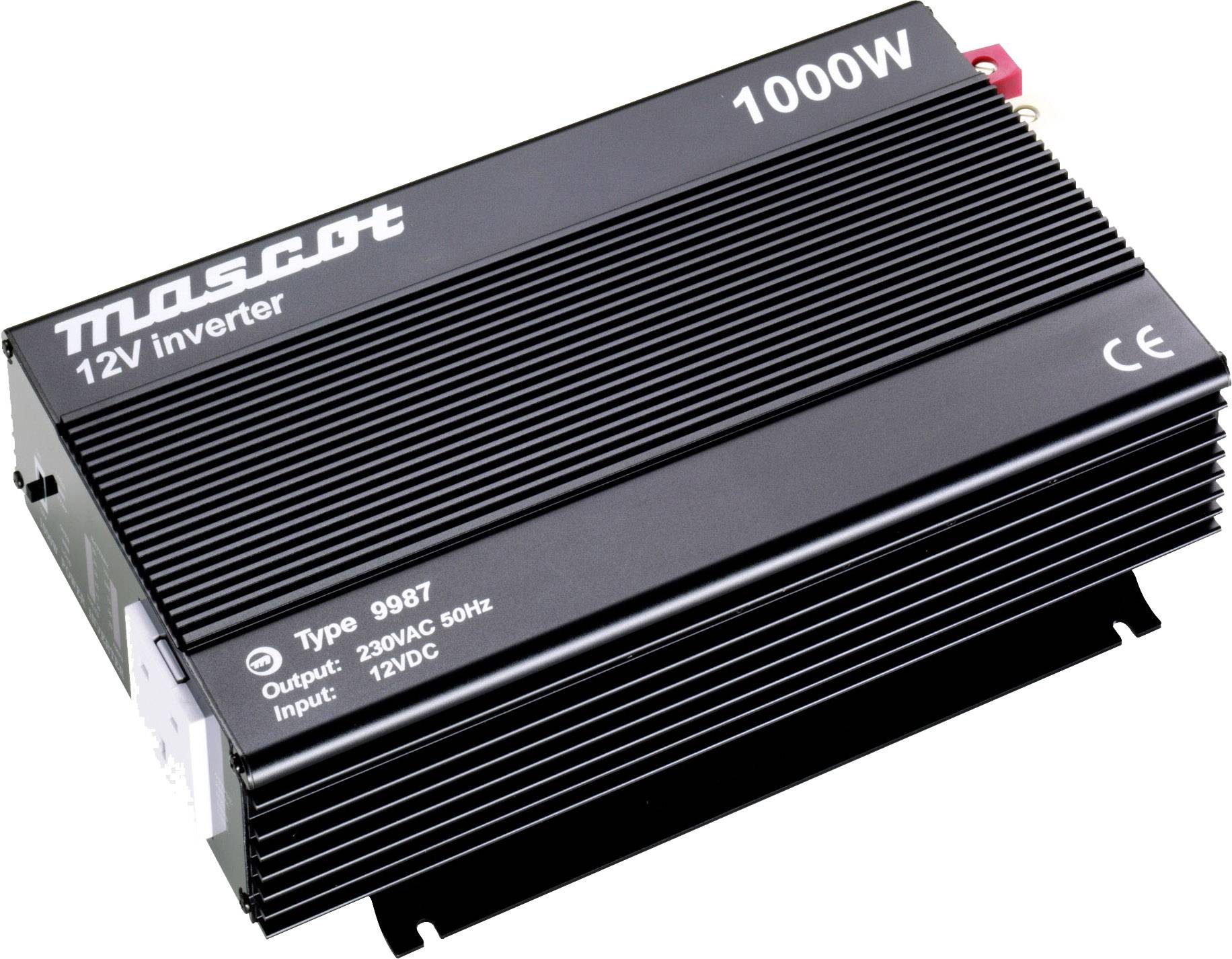 Černěný 12V měnič značky Mascot s výkonem 1000W. Na povrchu zobrazuje technické specifikace a označení CE.