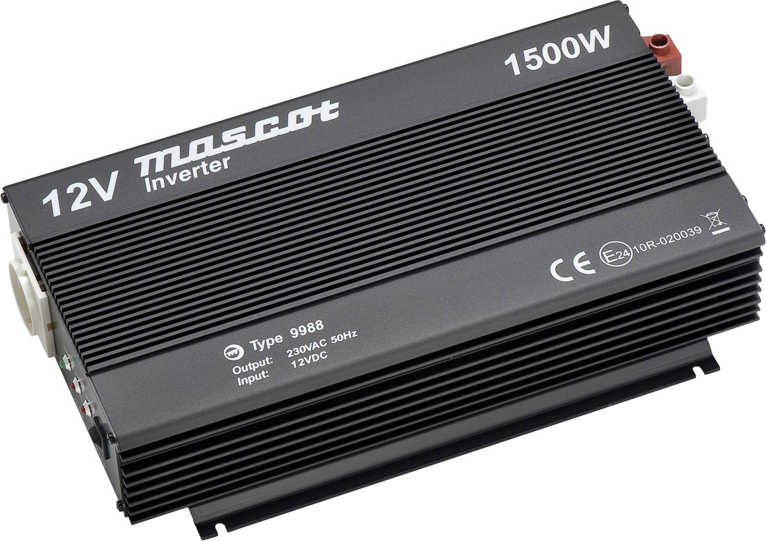Schwarzer měnič 1500W značky Mascot, typ 9988, vhodný pro vstupní napětí 12V DC a výstupní napětí 230V AC.