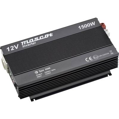 Schwarzer měnič 1500W značky Mascot, typ 9988, vhodný pro vstupní napětí 12V DC a výstupní napětí 230V AC.