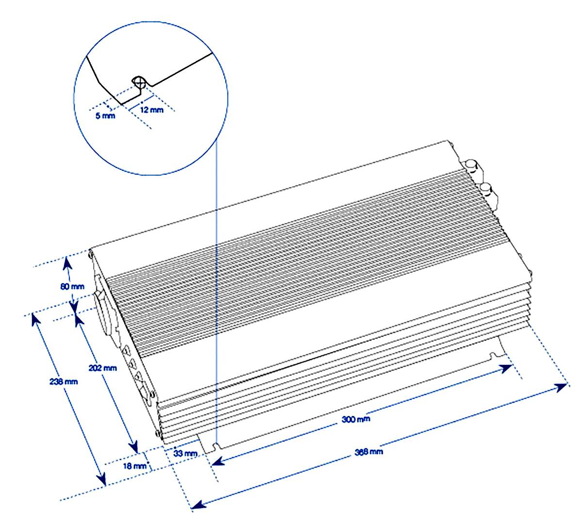 Modrý výkres obdélníkového technického zařízení s rozměry. Hlavní rozměry: délka 300 mm, šířka 200 mm, výška 70 mm. Detailní pohled ukazuje šířku 12 mm.