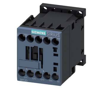 Černý elektrický stykač Siemens, model Sirius 3RT2017-1AB01, s zeleným a bílým logem na přední straně.