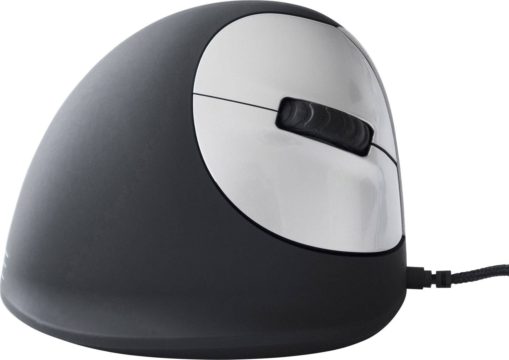 Ergonomická vertikální počítačová myš v černé a stříbrné barvě, pohled z boku. Design snižuje namáhání zápěstí díky přirozené poloze.