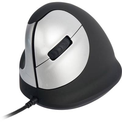 Ergonomická vertikální počítačová myš s designem v stříbrné a černé barvě, kabelové připojení dole. Podporuje přirozenou polohu ruky.